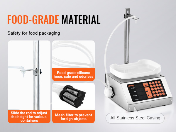 VEVOR liquid filling machine with food-grade silicone hose, adjustable rod, and stainless steel casing.