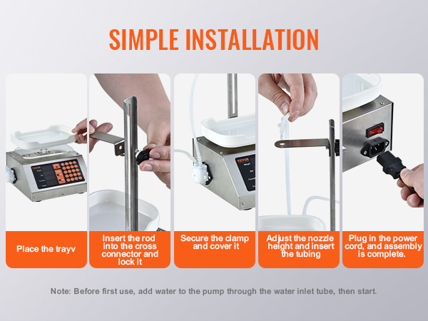 simple installation steps for the VEVOR liquid filling machine: place the tray, lock the rod, secure, adjust, plug in.