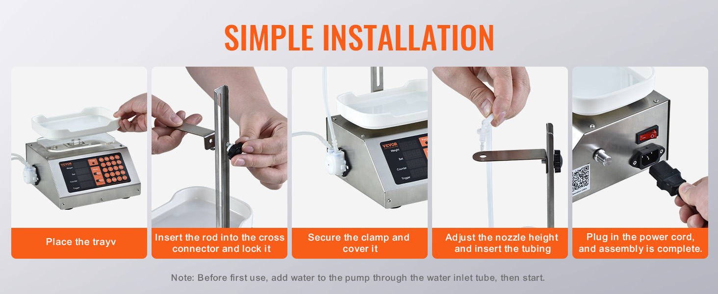 simple installation steps for the VEVOR liquid filling machine: place the tray, lock the rod, secure, adjust, plug in.