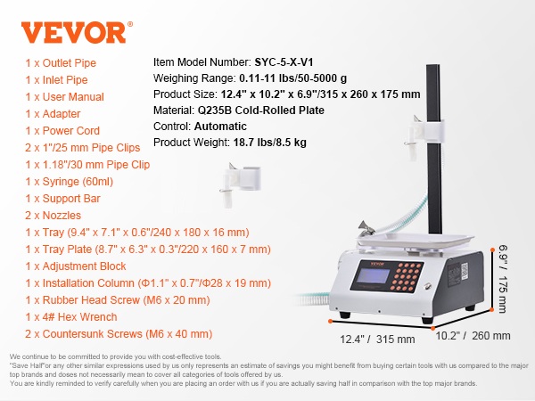 VEVOR liquid filling machine, syc-5-x-v1, automatic, 0.11-11 lbs, 12.4"x10.2"x6.9", 18.7 lbs.