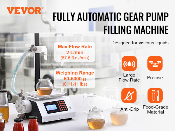 VEVOR liquid filling machine with max flow rate of 2 l/min, weighing range 50-5000g, and anti-drip design.