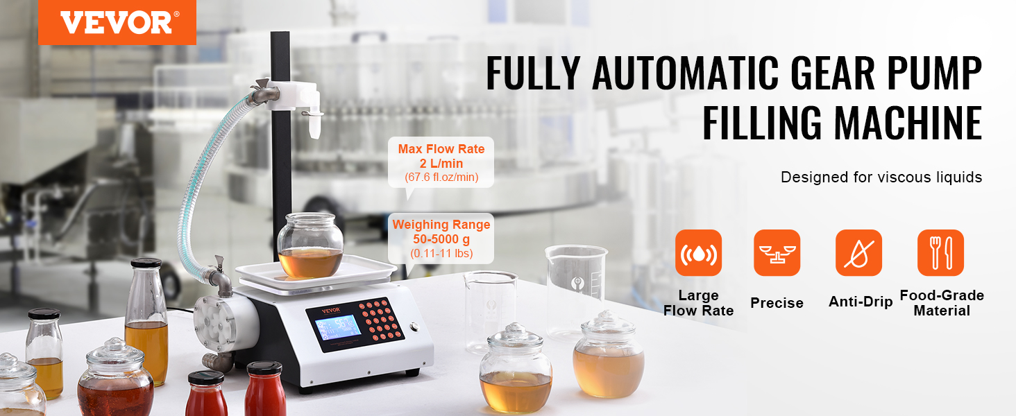 VEVOR liquid filling machine with max flow rate of 2 l/min, weighing range 50-5000g, and anti-drip design.