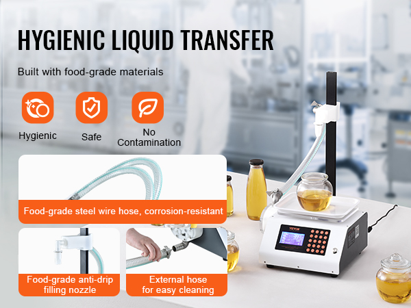 hygienic VEVOR liquid filling machine with food-grade materials, steel wire hose, and anti-drip filling nozzle.