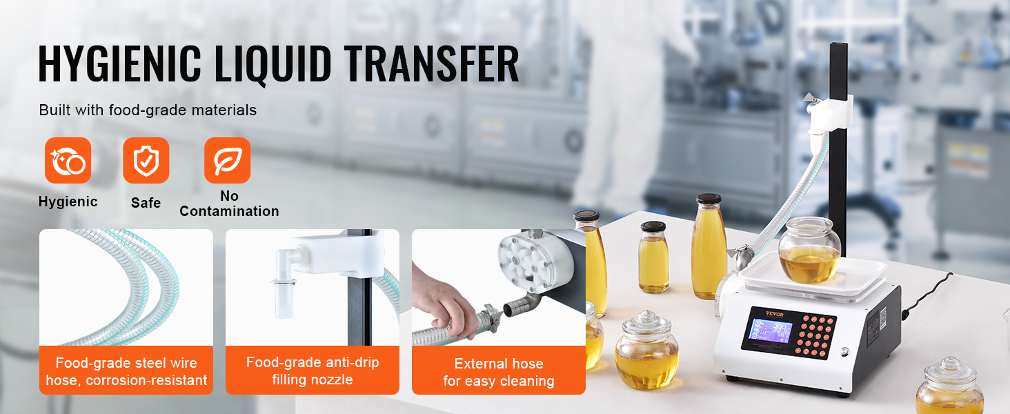 hygienic VEVOR liquid filling machine with food-grade materials, steel wire hose, and anti-drip filling nozzle.