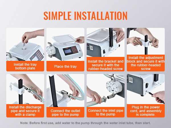 simple installation steps for the VEVOR liquid filling machine, including tray, pipes, and power cord connection.