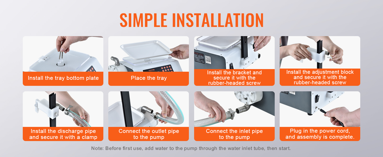 simple installation steps for the VEVOR liquid filling machine, including tray, pipes, and power cord connection.