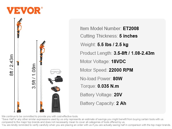 VEVOR cordless pole saw et2008 with 20v battery, 5-inch cutting thickness, and 3.5-8ft adjustable length.