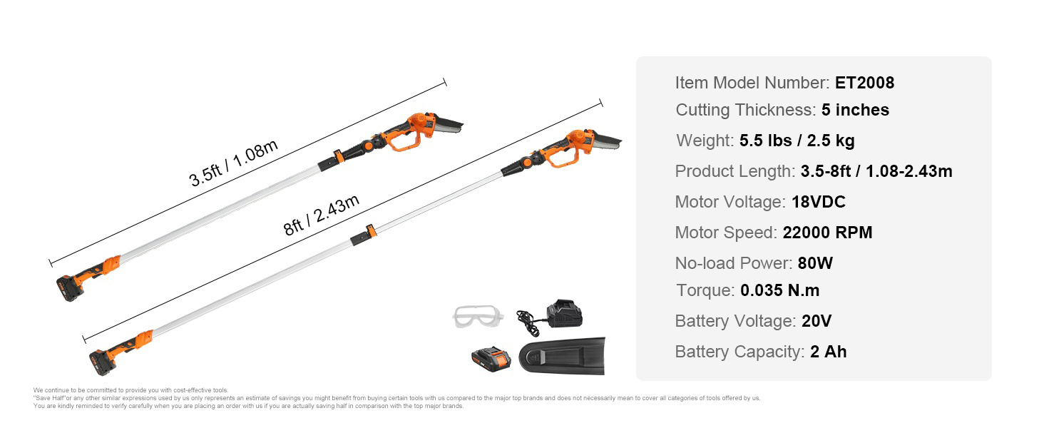 VEVOR cordless pole saw et2008 with 20v battery, 5-inch cutting thickness, and 3.5-8ft adjustable length.
