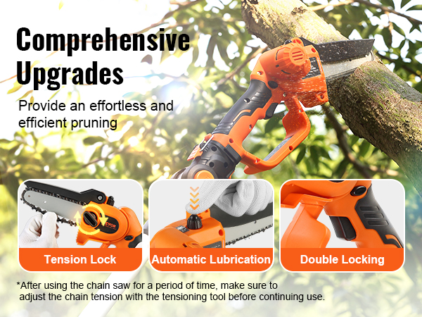 VEVOR cordless pole saw slicing a branch, highlighting tension lock, auto lubrication, and double locking.