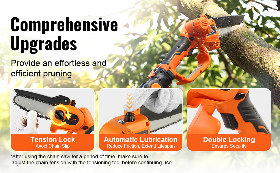 VEVOR cordless pole saw slicing a branch, highlighting tension lock, auto lubrication, and double locking.