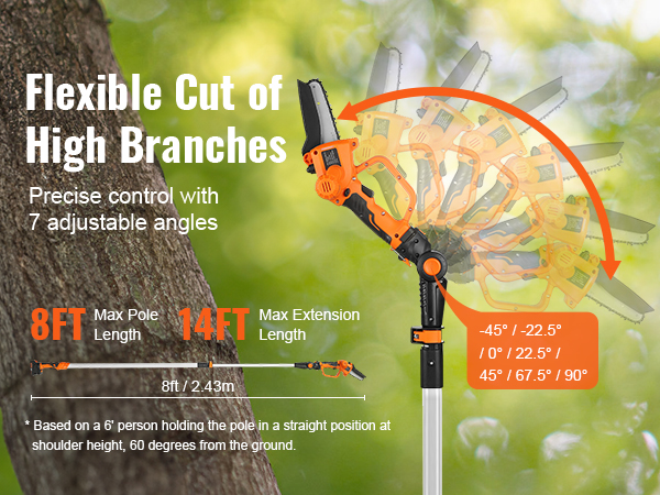 VEVOR cordless pole saw with 7 adjustable angles for cutting high branches up to 14ft.