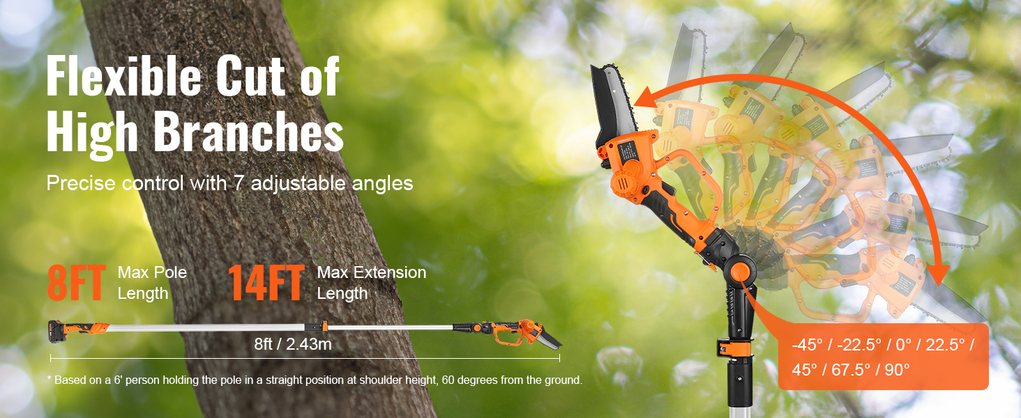 VEVOR cordless pole saw with 7 adjustable angles for cutting high branches up to 14ft.
