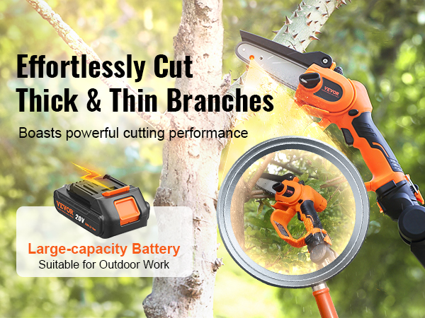 VEVOR cordless pole saw cutting branches with large-capacity battery, suitable for outdoor work.