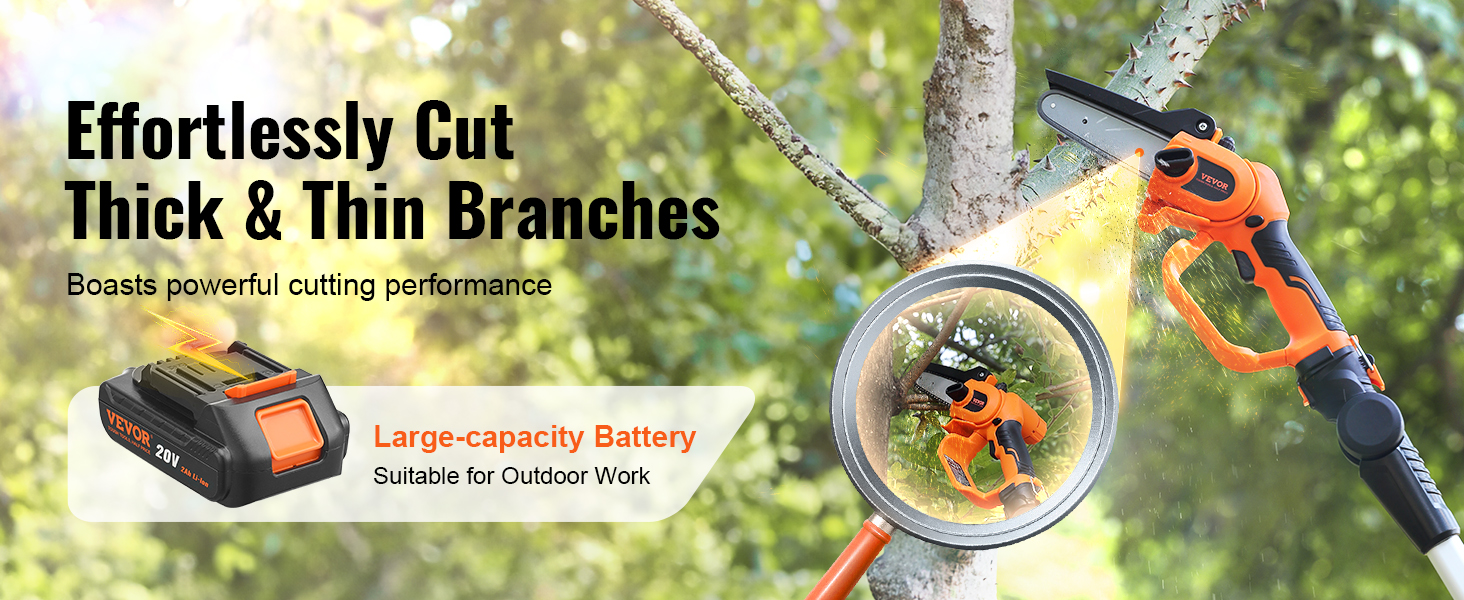 VEVOR cordless pole saw cutting branches with large-capacity battery, suitable for outdoor work.