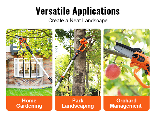 VEVOR cordless pole saw for home gardening, park landscaping, and orchard management.