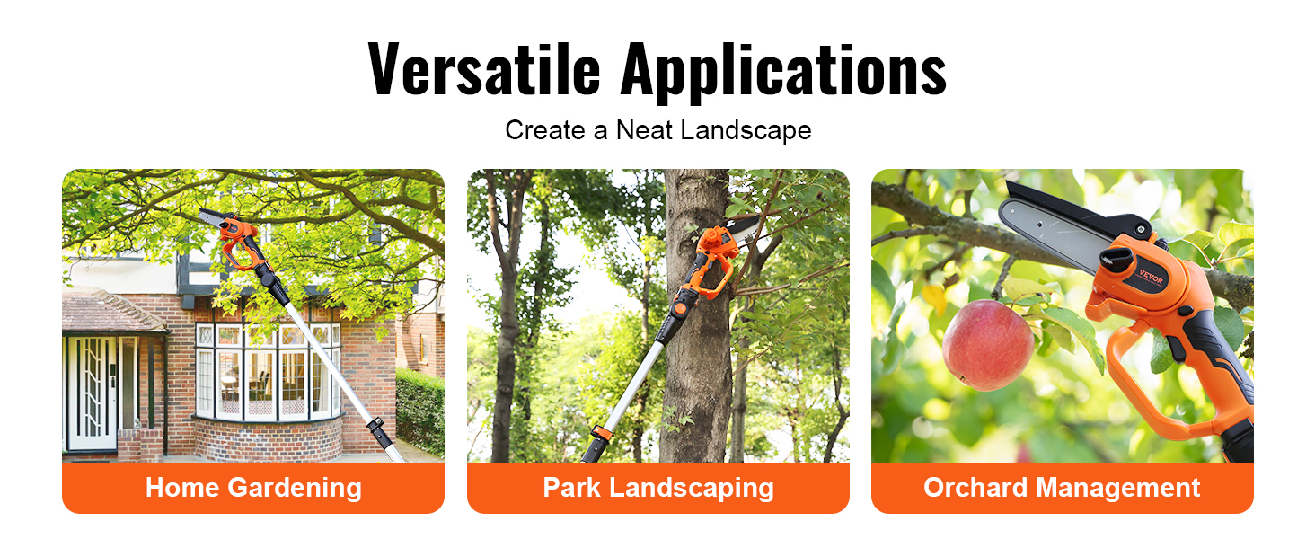 VEVOR cordless pole saw for home gardening, park landscaping, and orchard management.