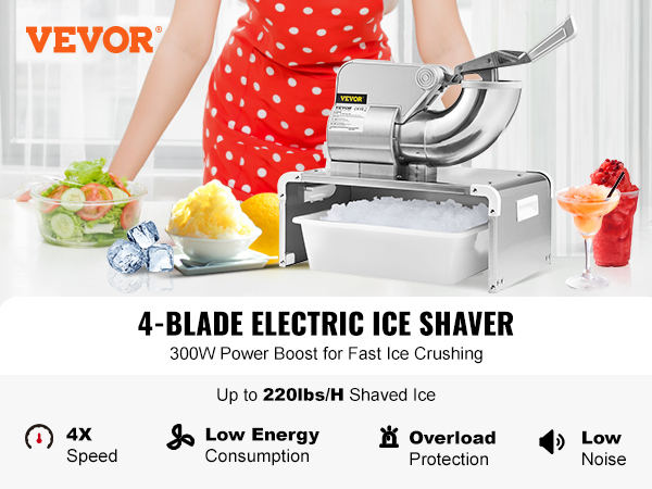 VEVOR snow cone machine with 4-blade electric ice shaver and 300w power boost.