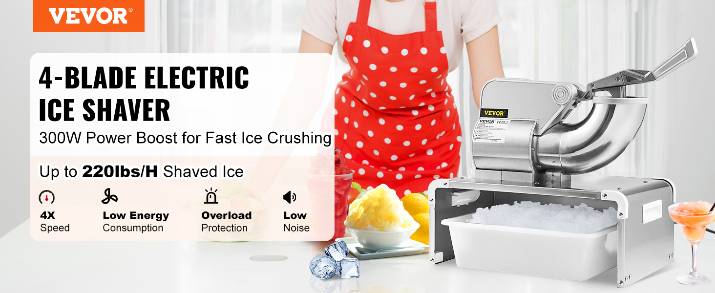 VEVOR snow cone machine with 4-blade electric ice shaver and 300w power boost.