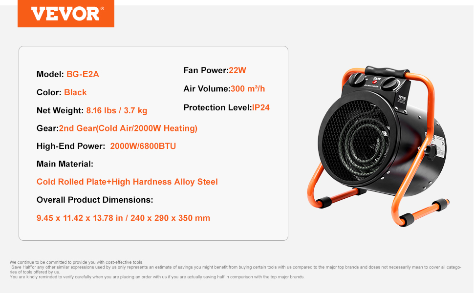 VEVOR siltumnīcas sildītājs, modelis bg-e2a, 2000 W, melns ar oranžiem akcentiem, ventilatora jauda 22 W, ip24 aizsardzība.