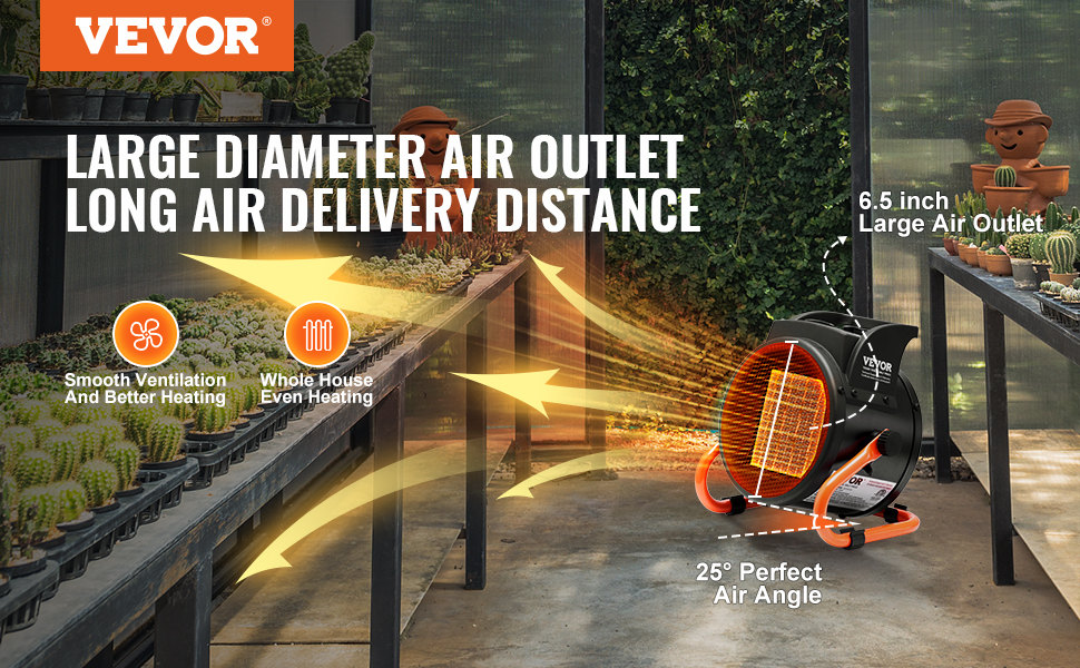 VEVOR greenhouse heater with 6.5 inch air outlet for smooth ventilation and even heating.