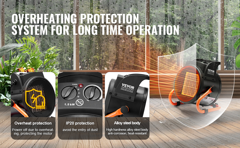 VEVOR greenhouse heater features overheating protection, ip20 protection, and alloy steel body.