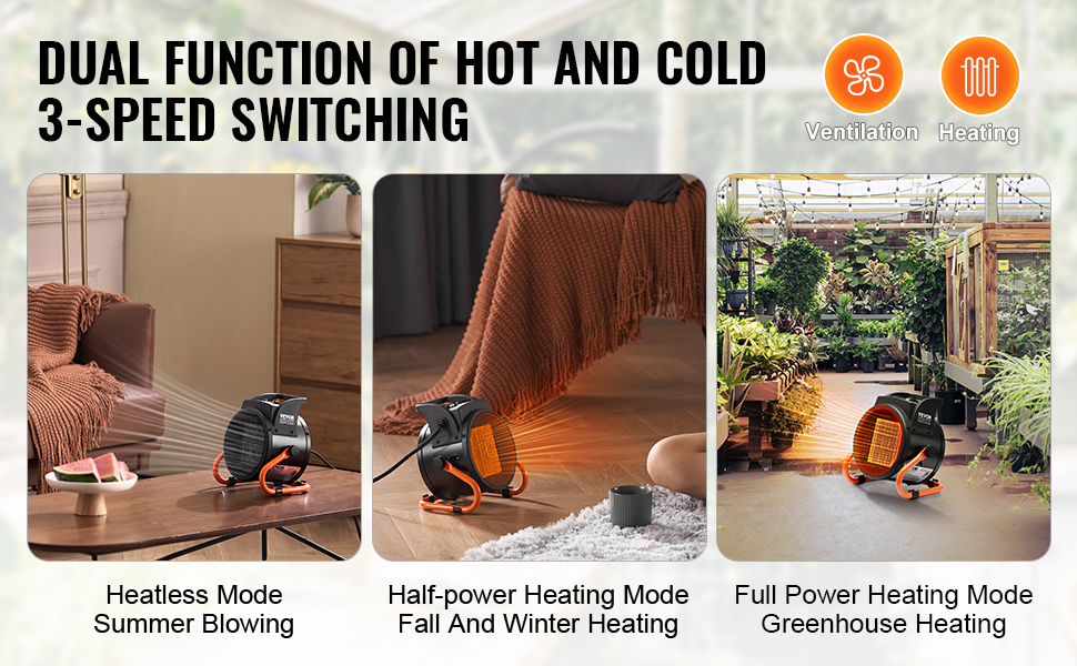 VEVOR greenhouse heater with dual hot and cold functions, 3-speed switching for year-round use.