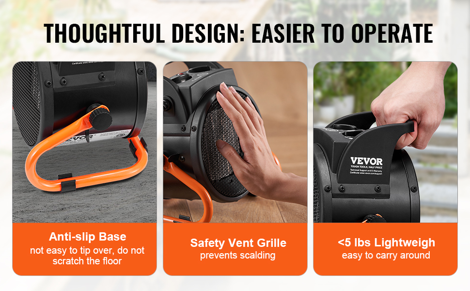 VEVOR greenhouse heater with anti-slip base, safety vent grille, and lightweight design under 5 lbs.