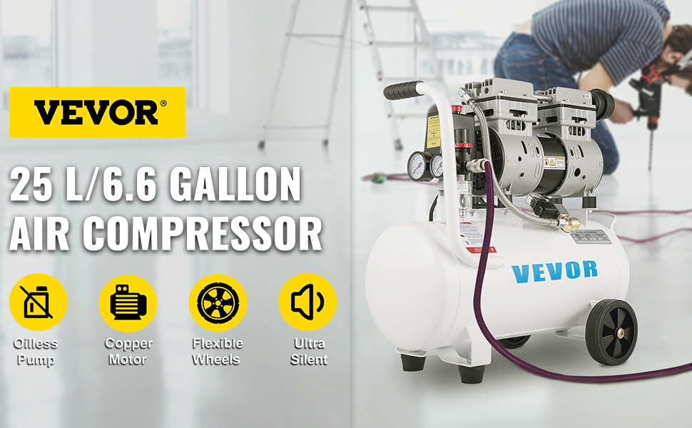VEVOR gaisa kompresors 25l/6,6 galonu ar bezeļļas sūkni, vara motoru un elastīgiem riteņiem.