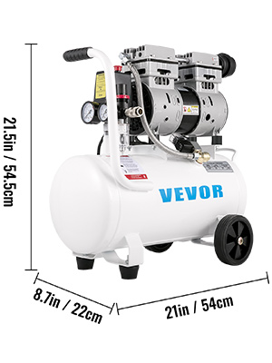 VEVOR gaisa kompresors, balts, 21,5x8,7x21 collas, ar diviem mērinstrumentiem un melniem riteņiem