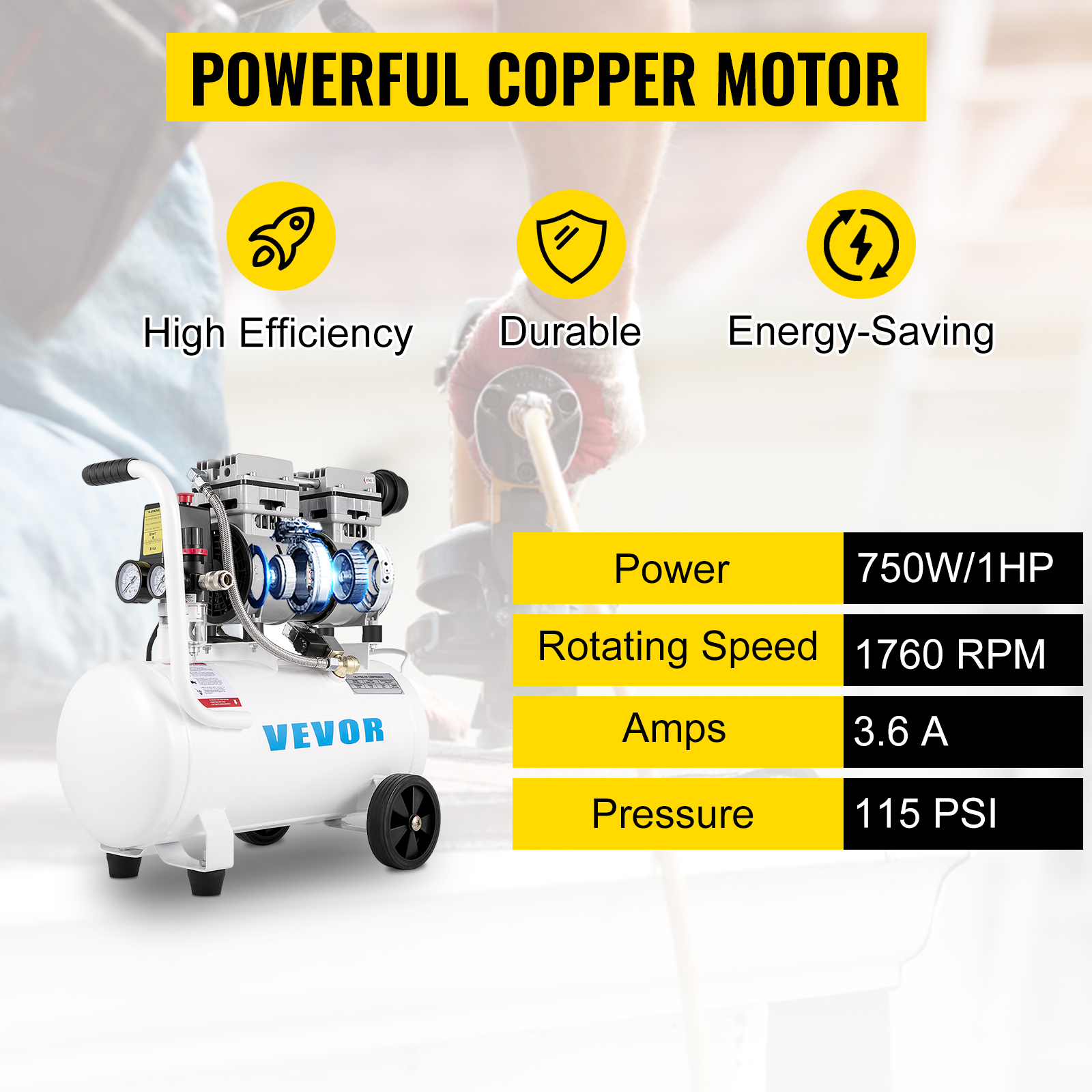 VEVOR gaisa kompresors ar 750 W jaudu, 1760 apgr./min, 3,6 A, 115 psi - izturīgs un efektīvs.