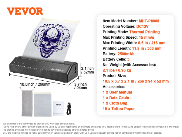 VEVOR tattoo stencil printer with skull print, model mht-p8008, thermal printing, 2500mah battery.