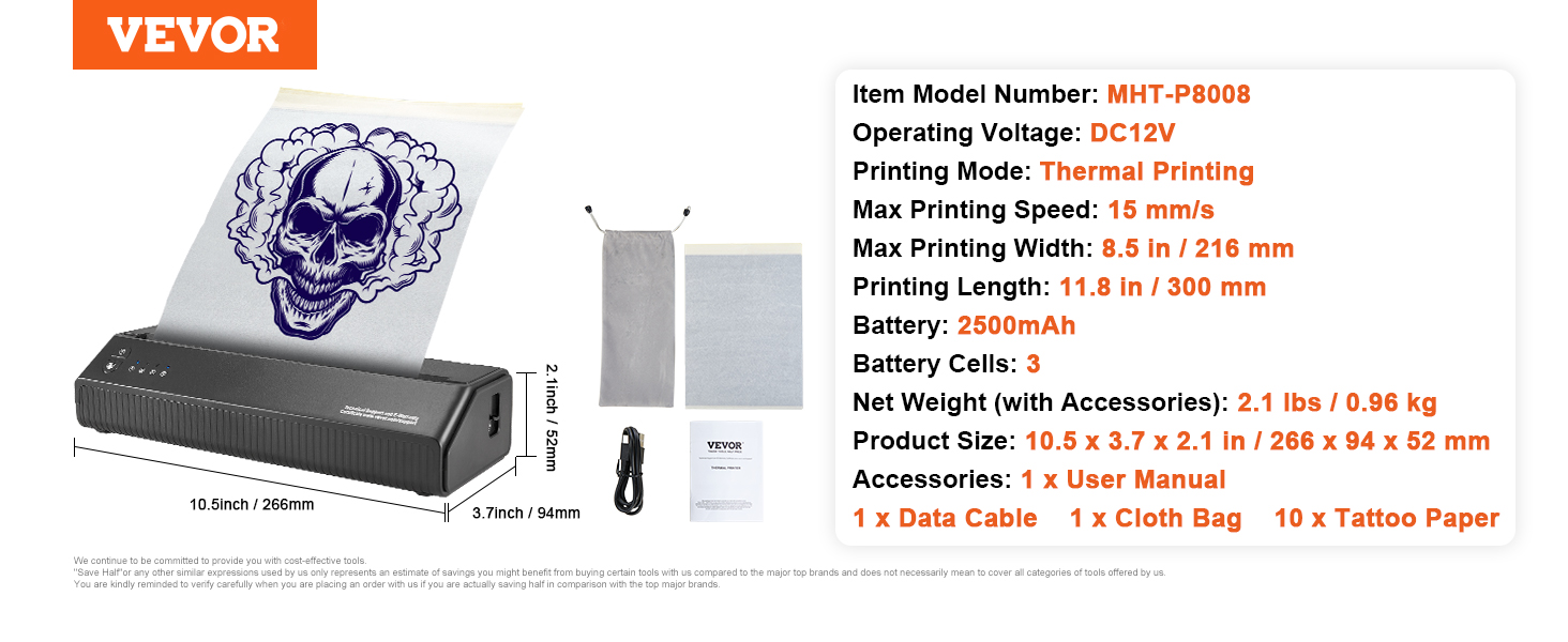 VEVOR tattoo stencil printer with skull print, model mht-p8008, thermal printing, 2500mah battery.