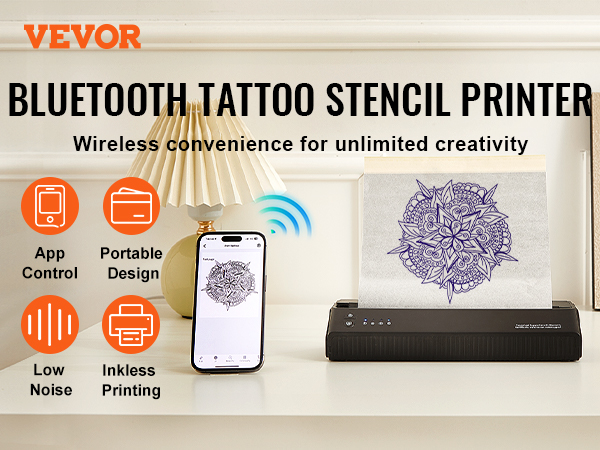 VEVOR tattoo stencil printer, bluetooth app control, portable design, low noise, inkless printing.