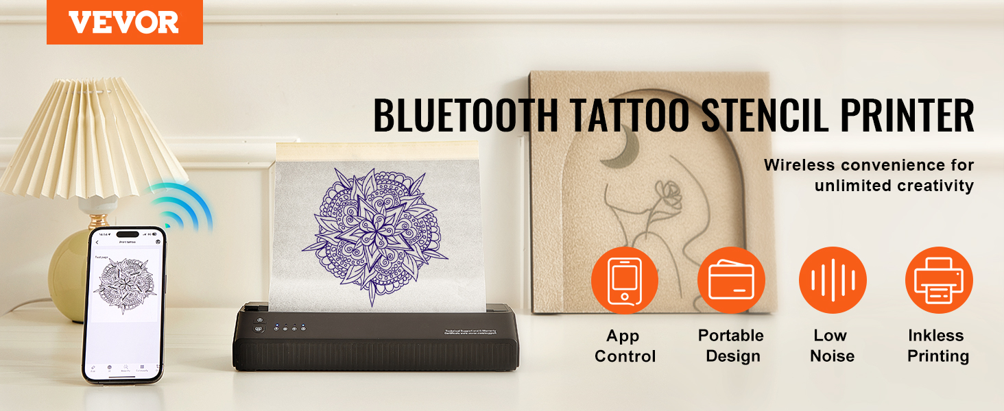 VEVOR tattoo stencil printer, bluetooth app control, portable design, low noise, inkless printing.