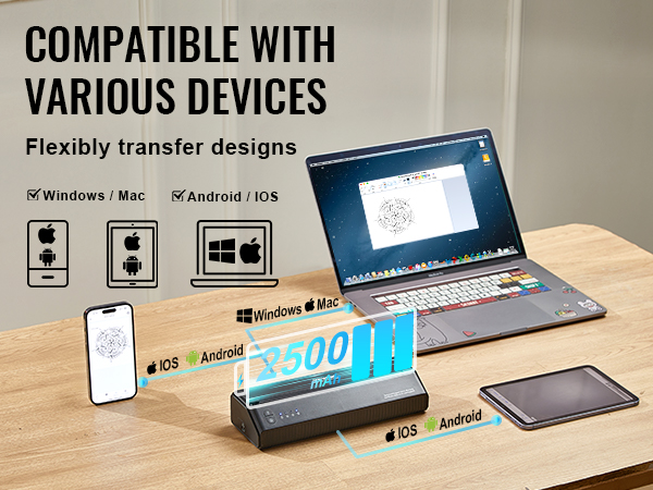 VEVOR tattoo stencil printer transferring designs from windows, mac, android, and ios devices on a desk.