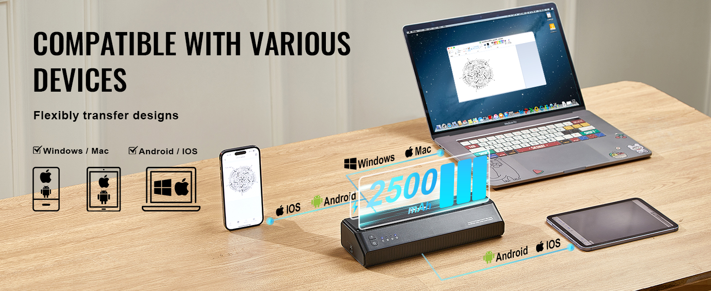 VEVOR tattoo stencil printer transferring designs from windows, mac, android, and ios devices on a desk.