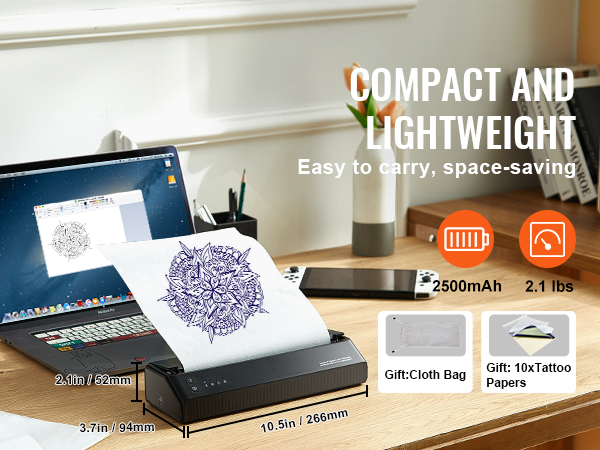 compact and lightweight VEVOR tattoo stencil printer on a desk with a laptop, tattoo design ready to print.
