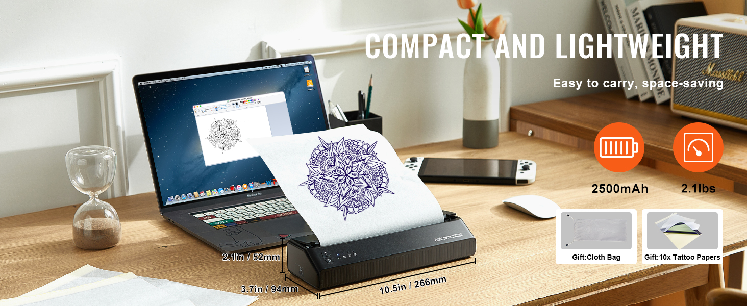 compact and lightweight VEVOR tattoo stencil printer on a desk with a laptop, tattoo design ready to print.