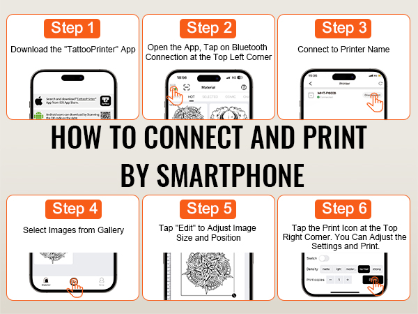 steps to connect and print using the VEVOR tattoo stencil printer with a smartphone.