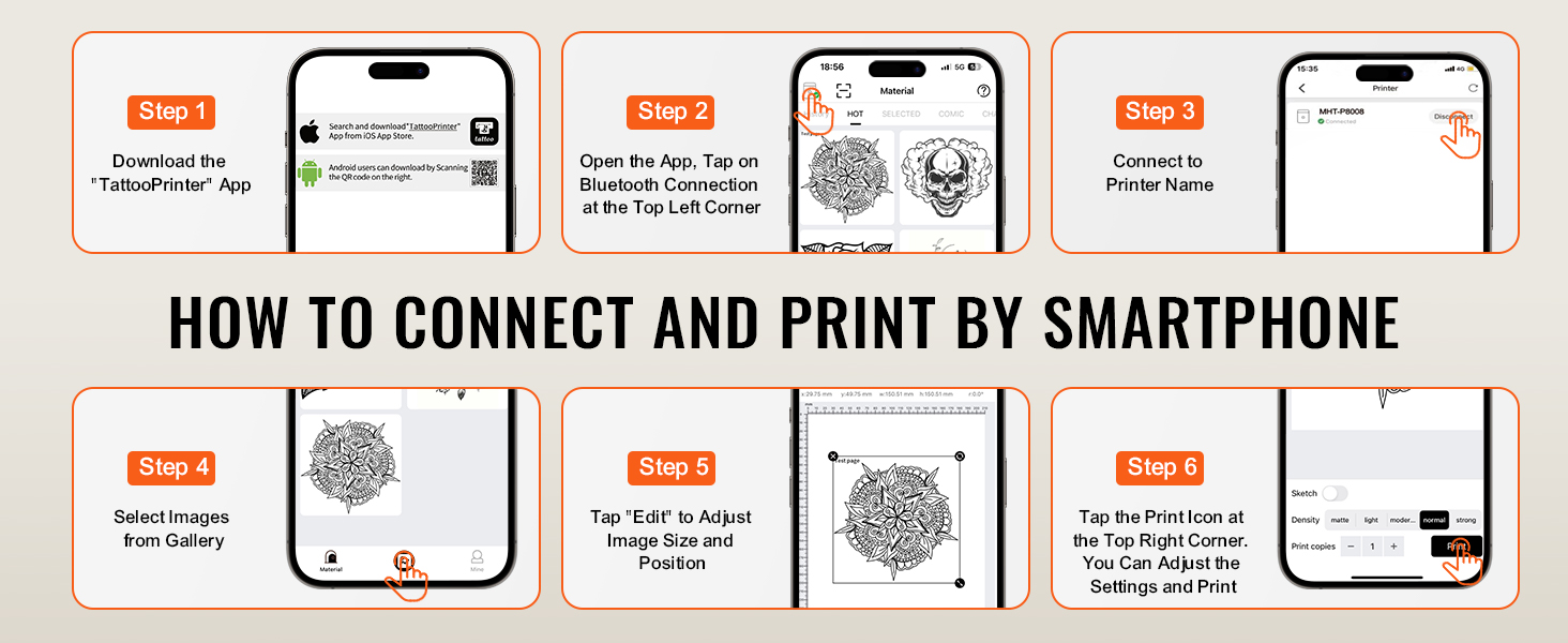 steps to connect and print using the VEVOR tattoo stencil printer with a smartphone.