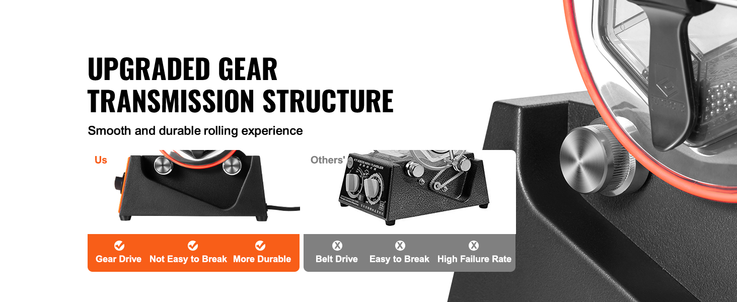 Барабан для полировки ювелирных изделий VEVOR с усовершенствованной зубчатой передачей обеспечивает плавное и долговечное прокатывание.