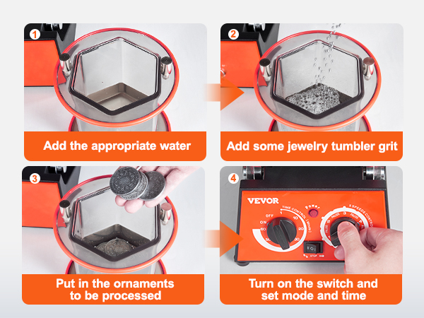 Стакан для полировки ювелирных изделий VEVOR: добавьте воду, зернистость стакана, украшения и установите режим и время.