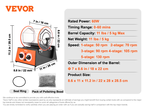 VEVOR jewelry polisher with 60w power, 11 lbs barrel capacity, multiple speeds, and dimensions listed.
