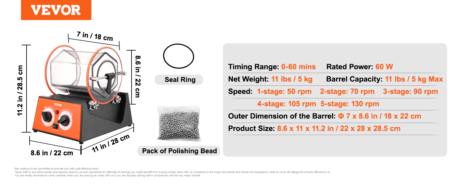 VEVOR jewelry polisher with 60w power, 11 lbs barrel capacity, multiple speeds, and dimensions listed.