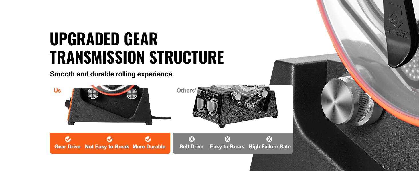 Полировщик ювелирных изделий VEVOR с модернизированным зубчатым приводом обеспечивает плавную и долговечную прокатку.