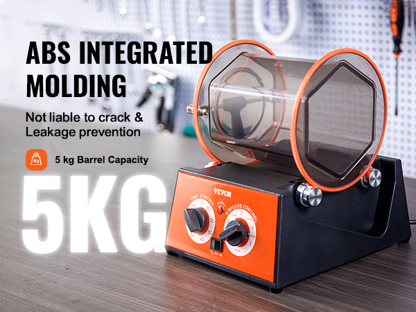 Полировщик ювелирных изделий VEVOR со встроенным формованием из abs и емкостью бочки 5 кг на деревянном верстаке.