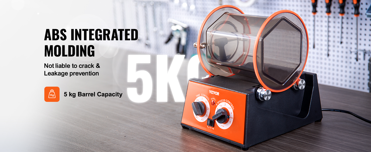 Полировщик ювелирных изделий VEVOR со встроенным формованием из abs и емкостью бочки 5 кг на деревянном верстаке.