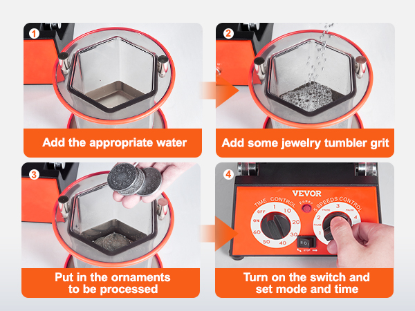 Шаги полировщика ювелирных изделий VEVOR: добавьте воду, добавьте зернистость ювелирного стакана, вставьте украшения, установите режим и время.