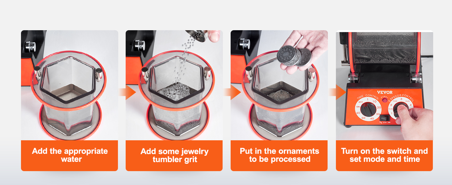 Шаги полировщика ювелирных изделий VEVOR: добавьте воду, добавьте зернистость ювелирного стакана, вставьте украшения, установите режим и время.