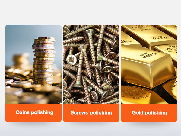 монеты, шурупы и золотые слитки на различных этапах полировки с помощью ювелирного полировщика VEVOR.